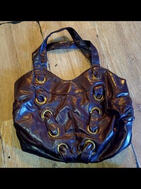 Chocolate Brown/ Maroon Tote Bag with Gold Ring Accents